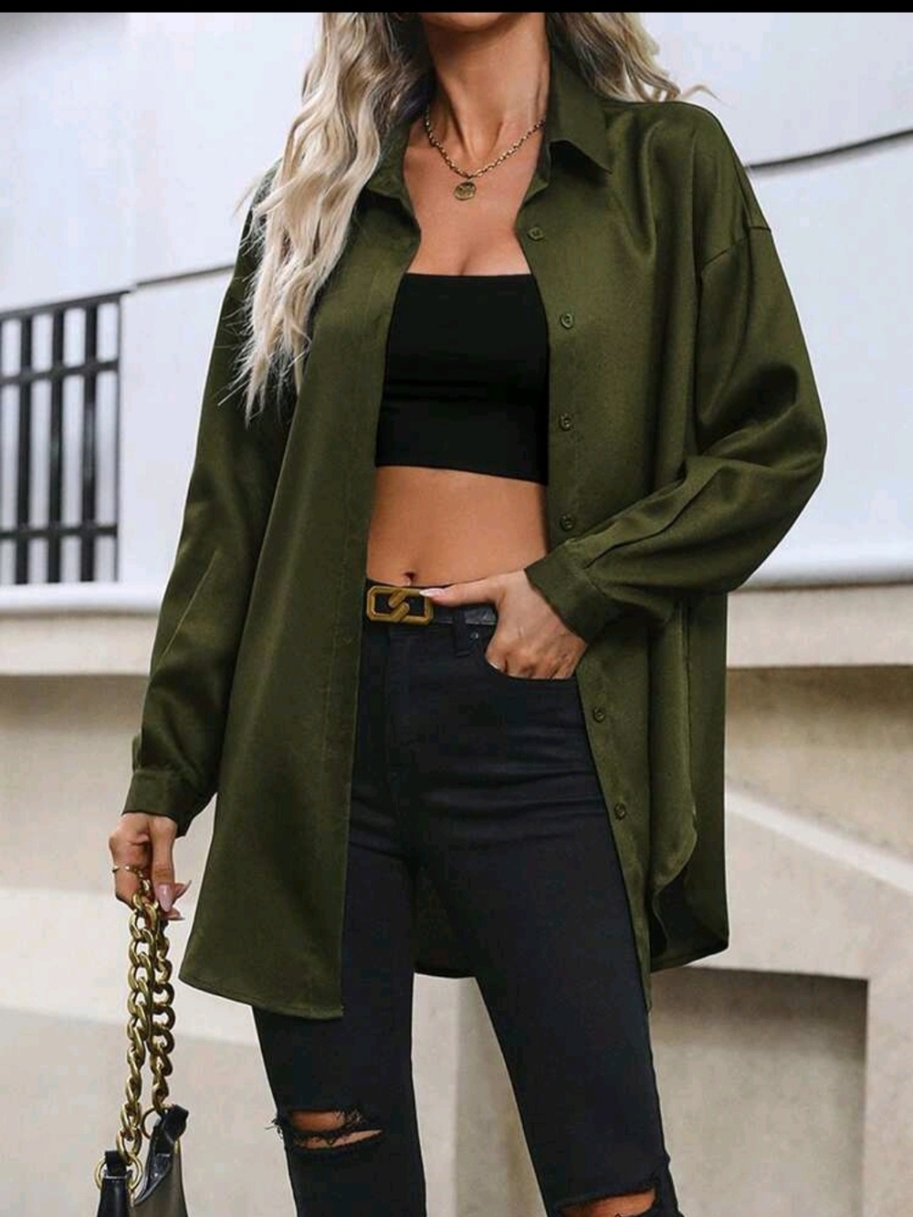 Olive Green Oversized Button-Up Shirt